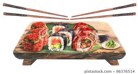 Hand drawn watercolor sushi set and soy with wasabi on wooden board with chopsticks, isolated on white background. Food design. 96376514