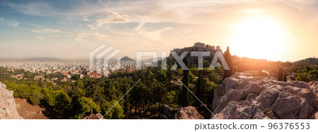 Acropolis and Cityscape in a Historic City with Mountains. Areopagus Hill, Athens, Greece Acropolis and Cityscape in a Historic City with Mountains. Areopagus Hill, Athens, Greece 96376553