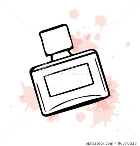 Hand drawn perfume bottle on delicate watercolor stains. Sketch, cosmetics illustration, vector Hand drawn perfume bottle on delicate watercolor stains. Sketch, cosmetics illustration, vector 96376628