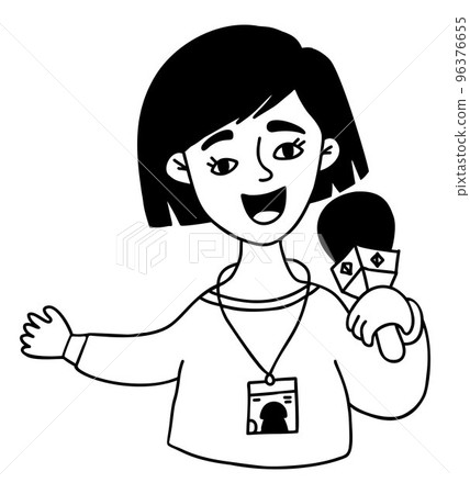 Cute girl journalist leading with microphone. Vector illustration in linear doodle style. Conceptual woman character, modern profession and journalism, work and reporting, media and television Cute girl journalist leading with microphone. Vector illustration in linear doodle style. Conceptual woman character, modern profession and journalism, work and reporting, media and television 96376655