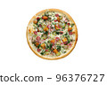 Creamy pizza with brisket, sausage, egg and pickled cucumber. view from the top 96376727