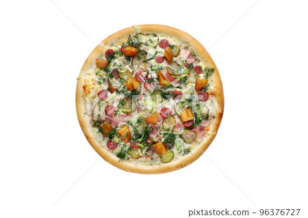 Creamy pizza with brisket, sausage, egg and pickled cucumber. view from the top 96376727