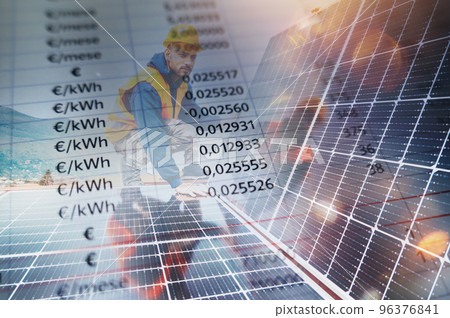 Workers assemble energy system with solar panel for electricity Workers assemble energy system with solar panel for electricity 96376841