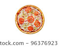 Pizza with mozzarella cheese, brisket, ham and onion isolated on white background. Top view 96376923