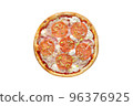 Pizza with mozzarella cheese, brisket, ham and onion isolated on white background. Top view 96376925