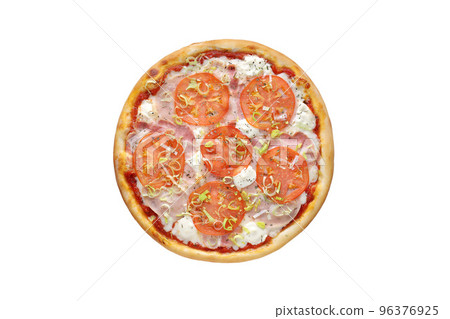 Pizza with mozzarella cheese, brisket, ham and onion isolated on white background. Top view 96376925