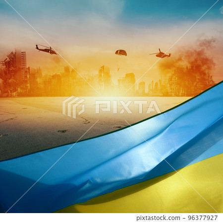 Ukraine country flag with fire and destroyed city 96377927