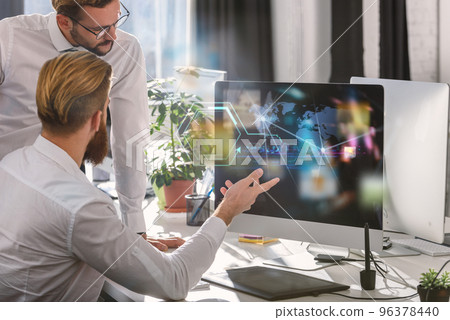 Businessman works with laptop with internet streaming service 96378440