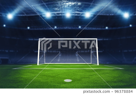 Soccer goalpost under spotlights in the stadium. 3D Rendering Soccer goalpost under spotlights in the stadium. 3D Rendering 96378884