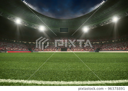 Football stadium with the stands full of fans waiting for the night game. 3D Rendering Football stadium with the stands full of fans waiting for the night game. 3D Rendering 96378891