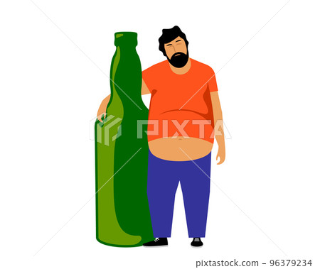 Drunk man hugging a bottle of alcohol. Alcoholic with a bad habit. Vector illustration. 96379234