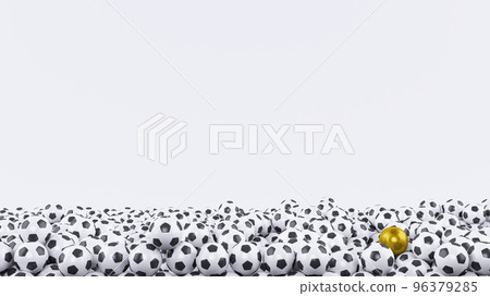 3d render of a pile of white soccer balls with one only golden ball on white background 96379285