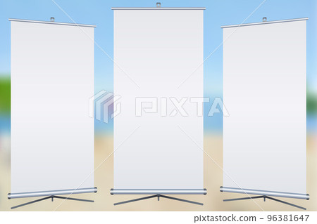 Blank roll-up banner isolated on colourful background. Set. Design template blank for designers. Flipchart for training or promotional presentation. Vertical. Vector illustration EPS 10 96381647