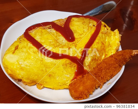 Omurice with handmade heart ketchup - stock photo 96381834
