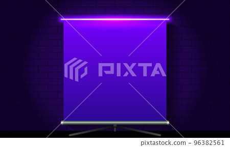 Neon blank roll-up banner clean on brick wall background. Purple. Vector Neon blank roll-up banner clean on brick wall background. Purple. Vector 96382561