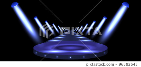 Podium, road, pedestal or platform illuminated by spotlights on black background. Stage with scenic lights. Vector illustration Podium, road, pedestal or platform illuminated by spotlights on black background. Stage with scenic lights. Vector illustration 96382643
