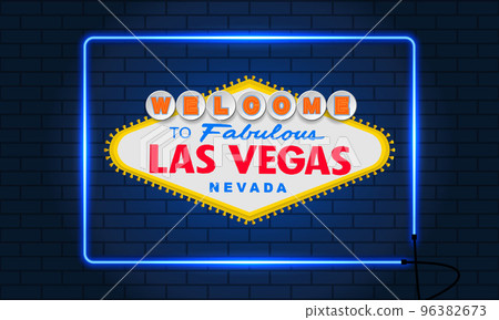 Classic retro Welcome to Las Vegas sign. Neon squared frame. Brick wall background. Simple modern flat vector style illustration. Classic retro Welcome to Las Vegas sign. Neon squared frame. Brick wall background. Simple modern flat vector style illustration. 96382673