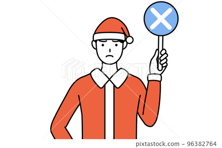 A man in a Santa Claus costume with a cross stick indicating an incorrect answer 96382764