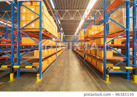 Interior of large warehouse retail store industry. Rack of furniture and home accessories stock storage. Interior of cargo in ecommerce and logistic concept. Depot 96383130