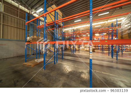 Interior of large warehouse retail store industry. Rack of furniture and home accessories stock storage. Interior of cargo in ecommerce and logistic concept. Depot 96383139