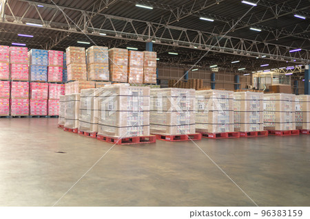 Interior of large warehouse retail store industry. Rack of furniture and home accessories stock storage. Interior of cargo in ecommerce and logistic concept. Depot 96383159