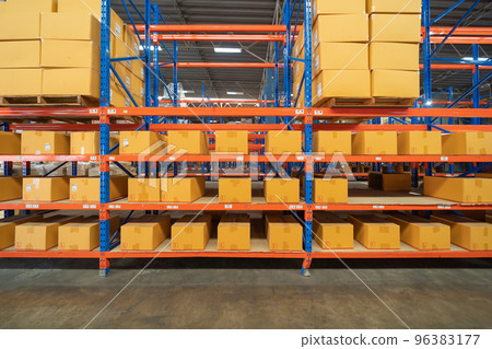 Interior of large warehouse retail store industry. Rack of furniture and home accessories stock storage. Interior of cargo in ecommerce and logistic concept. Depot 96383177