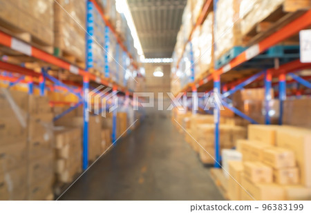 Blurry bokeh abstract background of interior of large warehouse retail store industry. Rack of furniture and home accessories stock storage. Interior of cargo in ecommerce and logistic concept. Depot 96383199
