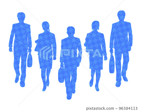 Silhouette illustration of a large number of office workers walking out Check pattern 96384113