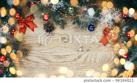Christmas card. Christmas wreath on wooden background . Christmas card. Christmas wreath on wooden background . 96384821