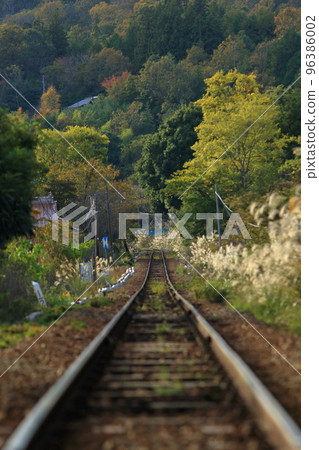 一條鐵軌延伸到有秋葉的樹木 一條鐵軌延伸到有秋葉的樹木 96386002