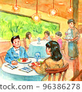 Watercolor illustration of men and women dining in a restaurant 96386278