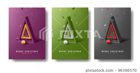 Merry Christmas greeting card templates set with stylized triangle Christmas tree with confetti Merry Christmas greeting card templates set with stylized triangle Christmas tree with confetti 96386570