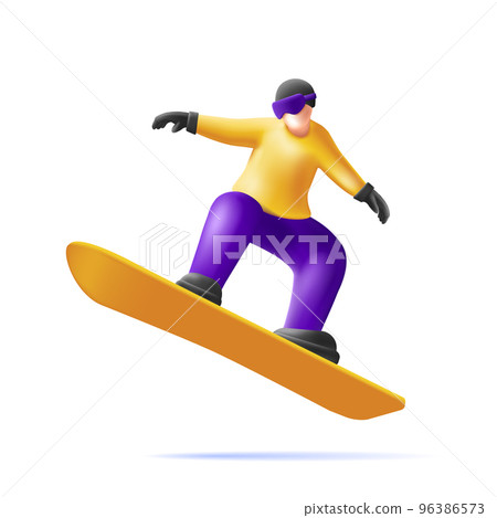 Snowboard jump race snowboarder 3d render character illustration Snowboard jump race snowboarder 3d render character illustration 96386573