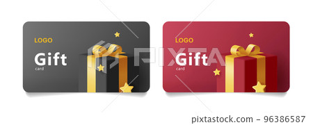 Gift card template with 3d illustration of gift box with golden ribbon and star confetti in black and red colors 96386587