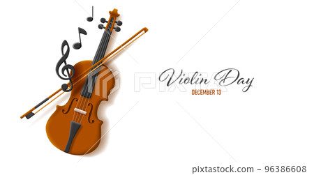 Violine day poster with realistic cartoon violine and volume clef and notes Violine day poster with realistic cartoon violine and volume clef and notes 96386608