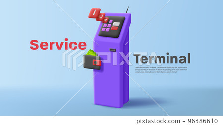 Services terminal with tiles pop up from the touchscreen and wallet with cash money Services terminal with tiles pop up from the touchscreen and wallet with cash money 96386610