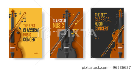 violin concert set of posters with 3d illustration of violin and notes violin concert set of posters with 3d illustration of violin and notes 96386627