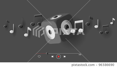 3d music cover and digital player interface with columns music box and notes, black and white 96386690
