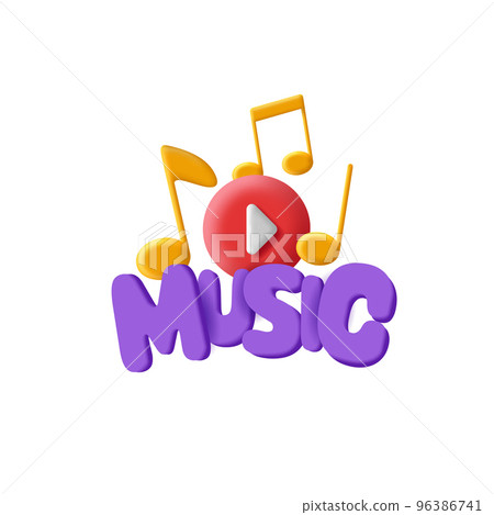 music 3d composition with volume notes and play button and rounded lettering 96386741