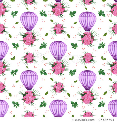 Watercolor purple hot air balloon with roses seamless pattern. Hand painted illustration on white background. For design, prints, fabric or background. 96386793