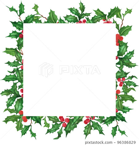 Hand drawn watercolor holly twig frame. Christmass and New Year symbol, decorative element. Scrapbook, poster, label, banner, post card. Hand drawn watercolor holly twig frame. Christmass and New Year symbol, decorative element. Scrapbook, poster, label, banner, post card. 96386829