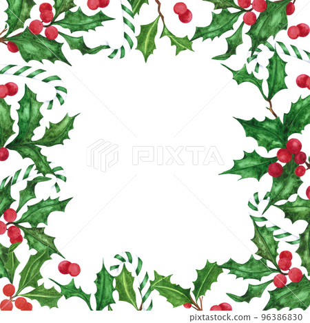 Hand drawn watercolor holly twig frame. Christmass and New Year symbol, decorative element. Scrapbook, poster, label, banner, post card. Hand drawn watercolor holly twig frame. Christmass and New Year symbol, decorative element. Scrapbook, poster, label, banner, post card. 96386830
