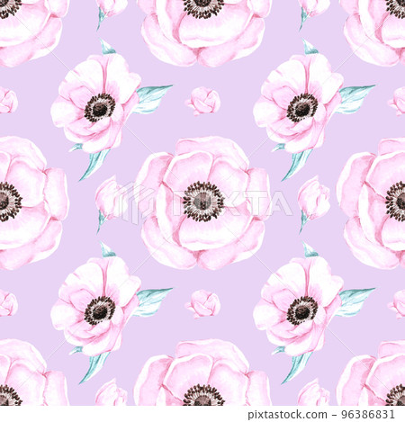 Handdrawn anemone seamless pattern. Watercolor purple flowers with green leaves on the purple background. Scrapbook design, typography poster, label, banner, textile. Handdrawn anemone seamless pattern. Watercolor purple flowers with green leaves on the purple background. Scrapbook design, typography poster, label, banner, textile. 96386831