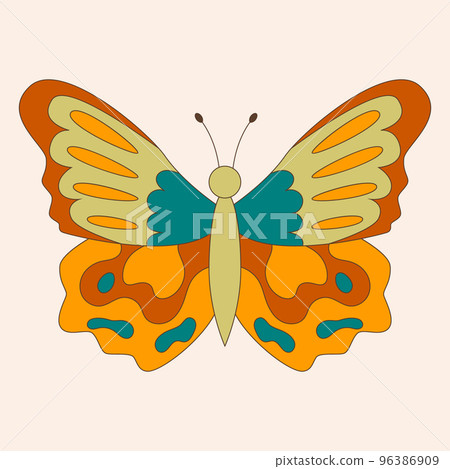 Retro 60s 70s hippie groovy butterfly for cards, stickers or poster design. Flat vector illustration 96386909