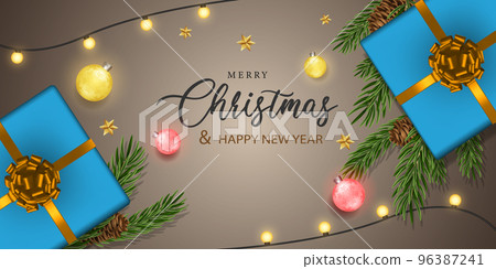 Merry Christmas and Happy New Year pine leaf gold red ball starsblue gift box on soft brown design for holiday festival celebration 96387241