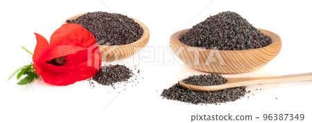 poppy seeds in a wooden bowl and spoon isolated on white background poppy seeds in a wooden bowl and spoon isolated on white background 96387349
