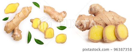 fresh Ginger root and slice isolated on white background. Top view. Flat lay 96387358