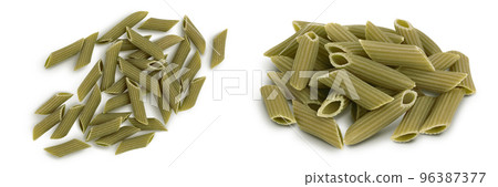 Green pea penne pasta isolated on white background with. Organic food speciality. Gluten free. Top view. Flat lay Green pea penne pasta isolated on white background with. Organic food speciality. Gluten free. Top view. Flat lay 96387377