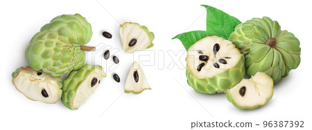 Sugar apple or custard apple isolated on white background with. Exotic tropical Thai annona or cherimoya fruit. Top view. Flat lay 96387392