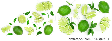 sliced lime vith leaves isolated on white background with copy space for your text. Top view. Flat lay pattern 96387481